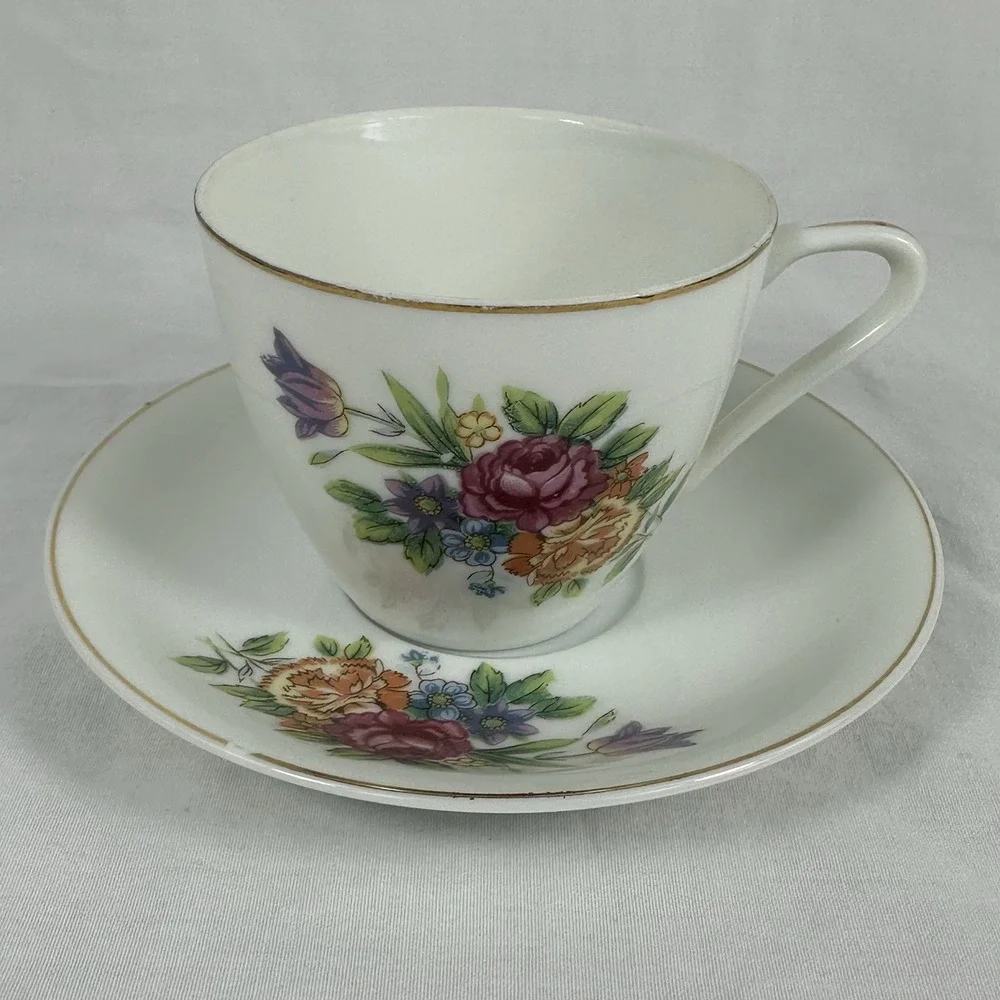 Vintage Floral Teacup‎ Saucer Set Gold Trim Multi-Color Rose Grandmillennial